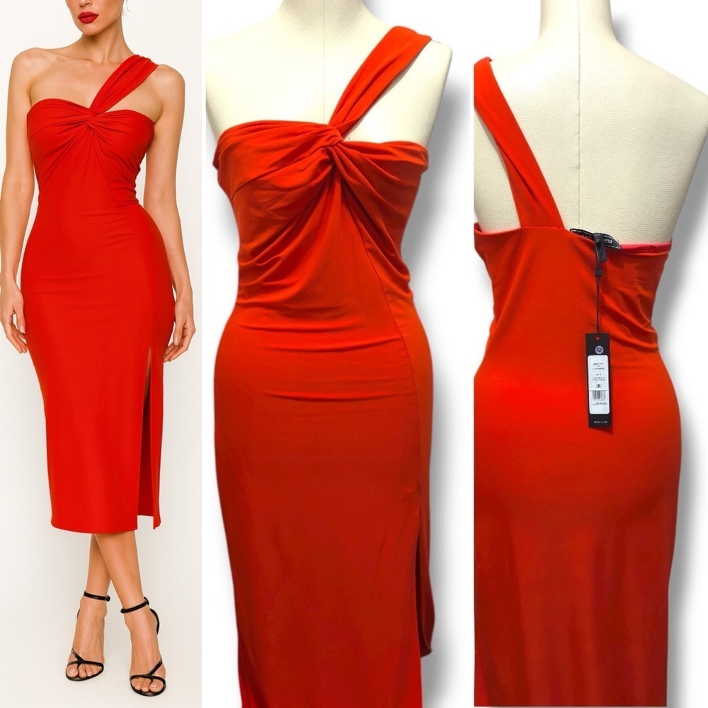 463 BCBGMAXAZRIA |NWT $198 Red Orange One-Shoulder Twist Front Midi Dress (Sz 4)
